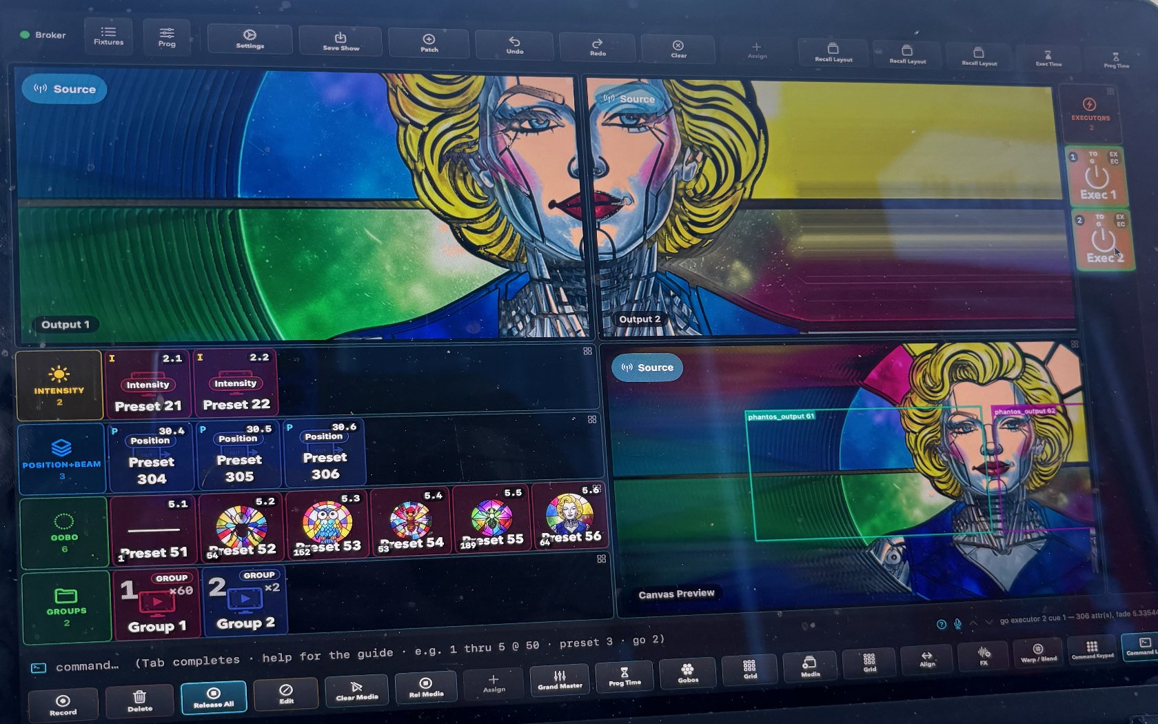 The Phantos Command surface running a live stained-glass show — outputs, preset pools, gobos, groups, canvas preview and the command line